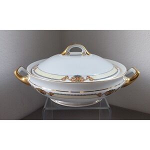 Pirkenhammer Round Serving Bowl /Lid Side Dish Floral Scroll Gold Trim China VTG